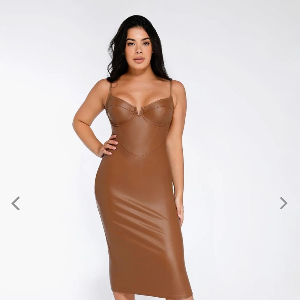 Shapewear Faux Leather Hourglass Corset Midi Dress
